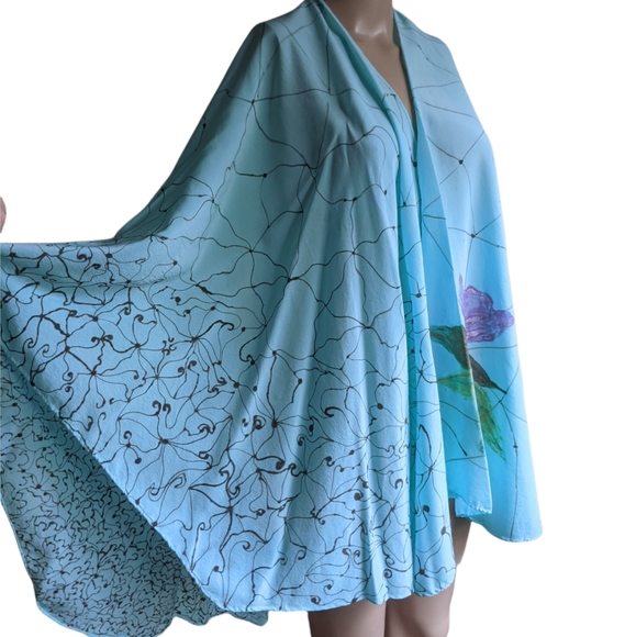 Jackets & Blazers - Hand Made Art Hand Painted Turqoise Blue Silk Cape OS